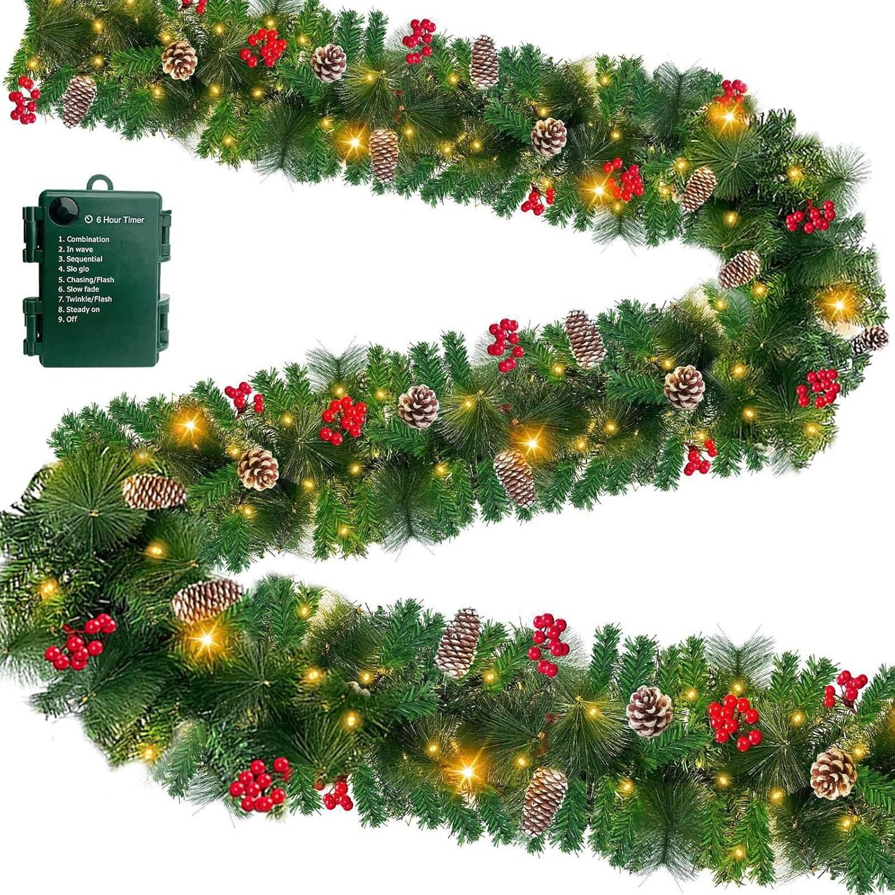 9Ft Prelit Christmas Garland with 50 LED Lights, Berries & Pinecones – Battery Operated